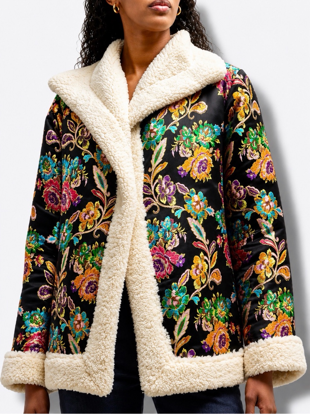 Johnny Was Sofie Floral Jacquard Sherpa Statement Coat